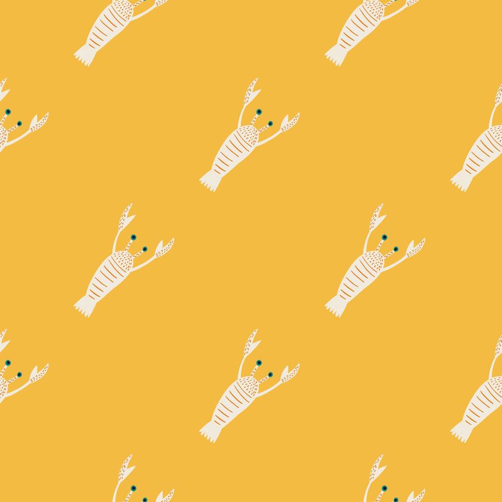 Seamless minimalistic pattern with white doodle lobster shapes. Yellow background. Simple bright aquatic print. vector