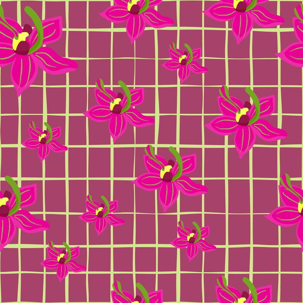 Random pink orchid flowers doodle seamless pattern. Chequered background. Decorative nature print. vector