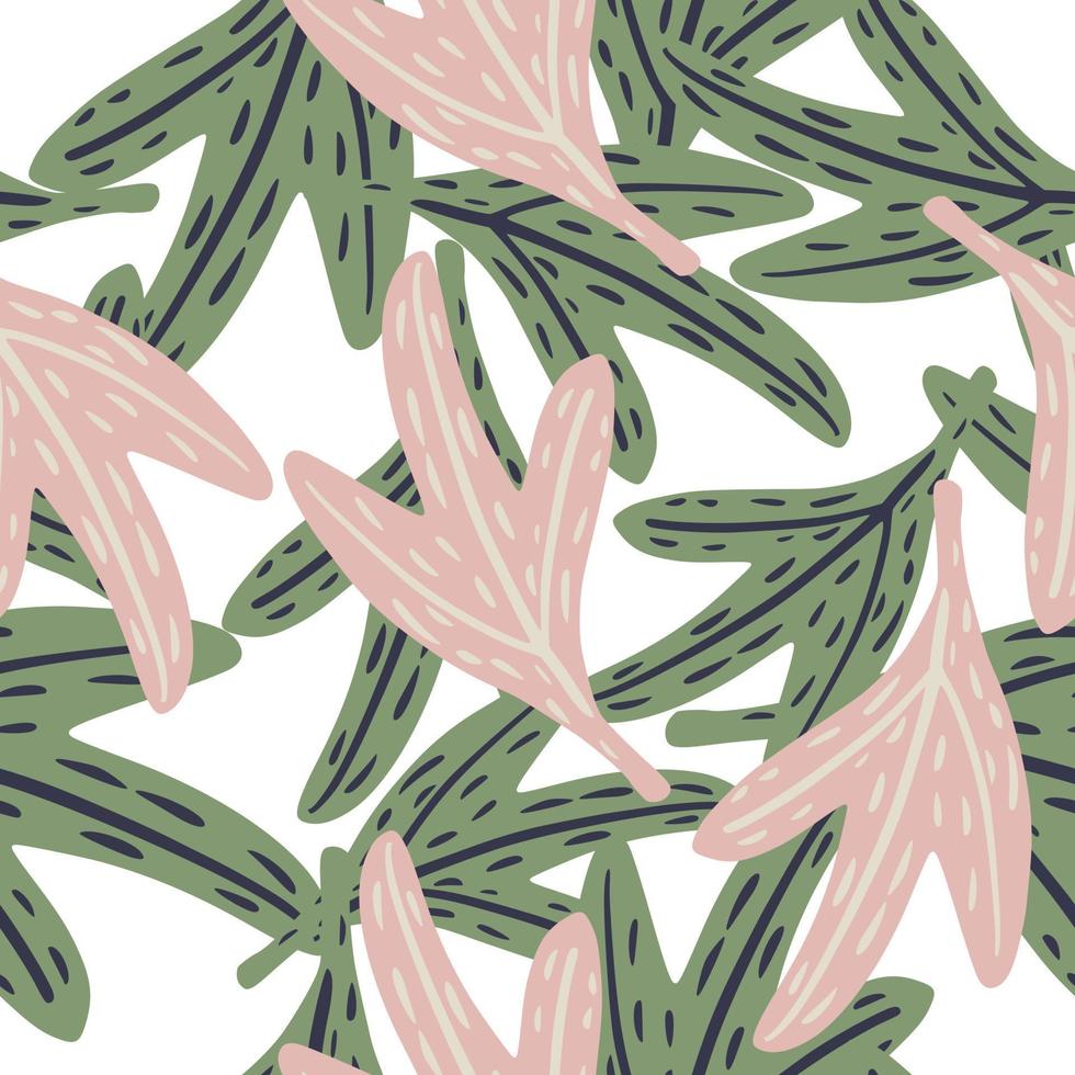Isolated seamless cartoon pattern with nature reen and pink leaf elements. White background. vector
