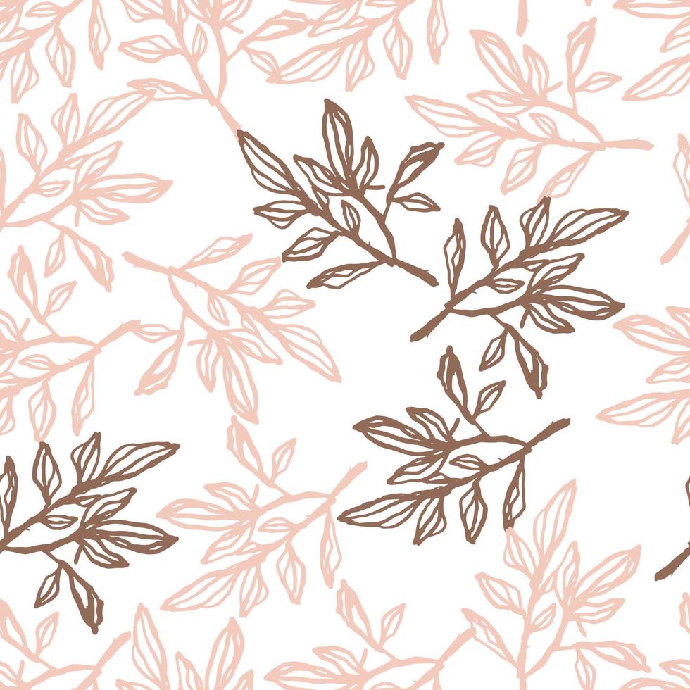 Seamless random pattern with dark and lilac outline branch ornament. Contoured botanic print isolated on white background. vector