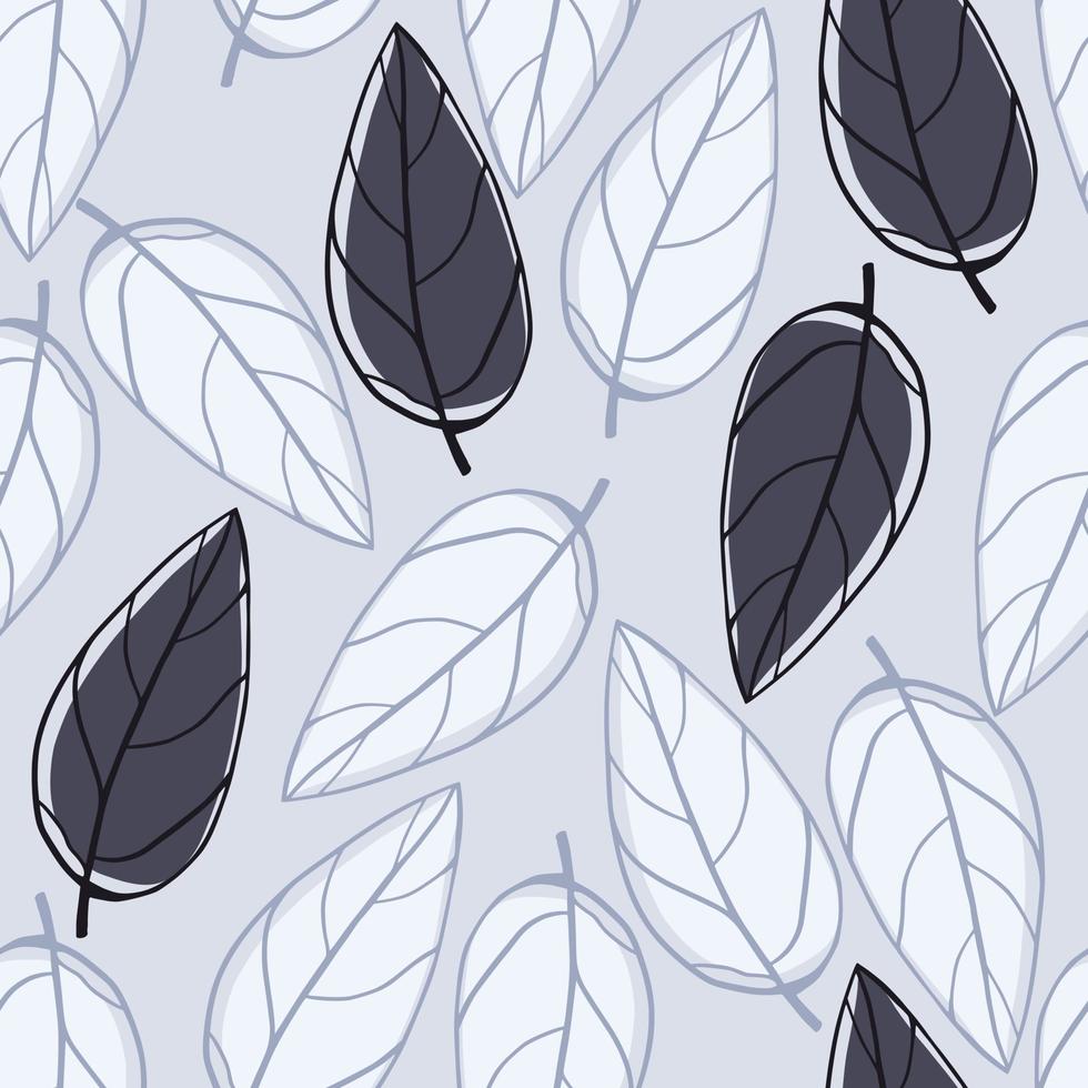 Pastel simple seamless pattern with abstract leaves shapes. Outline botanic elements in white and dark navy color on light blue background. vector