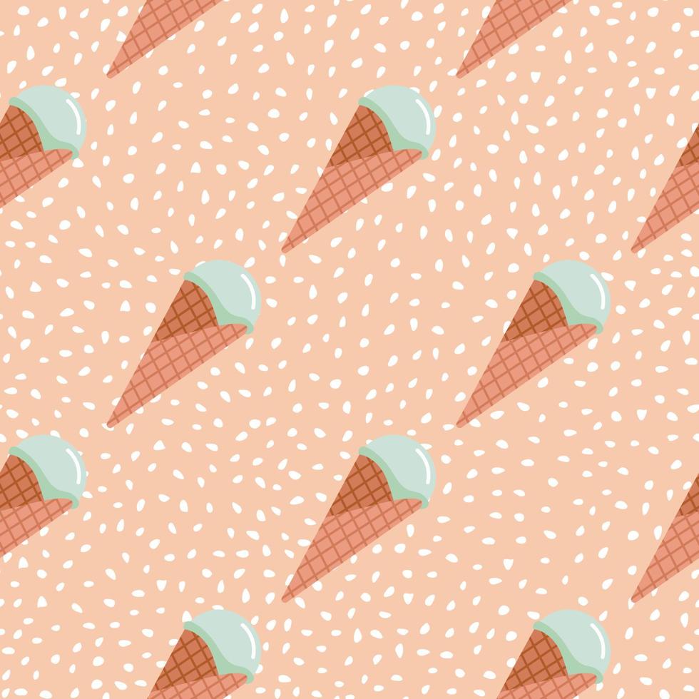 Ice cream seamless pattern. Pink background with white dots and turquoise cream in waffle cone. vector
