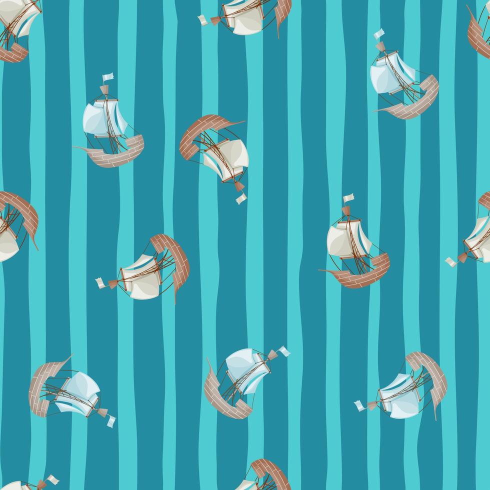 Sailboat ship silhouettes random little seamless pattern. Blue striped background. Hand drawn artwork. vector