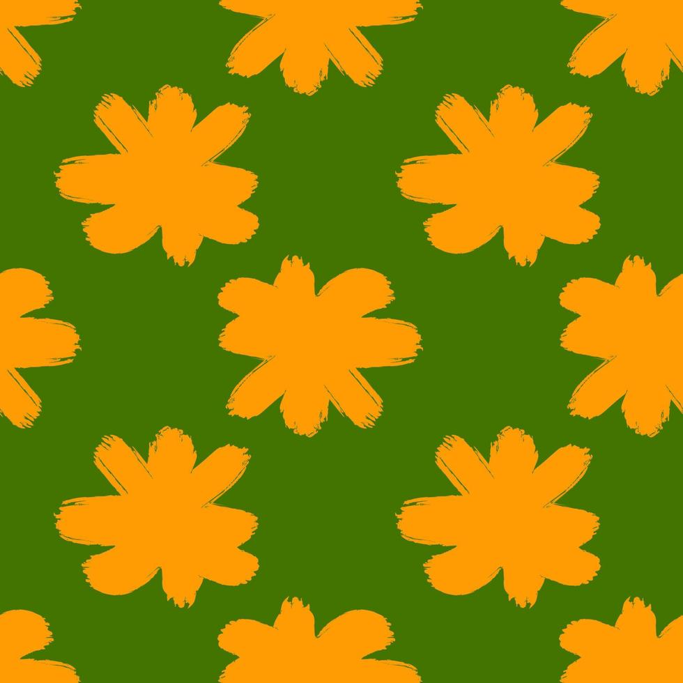 patrón floral transparente de verano con siluetas de capullos de flores de color naranja brillante. fondo verde estilo de contraste vector