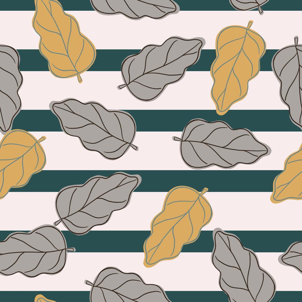Autumn foliage seamless pattern with blue and orange contoured oak leaf shapes. Striped background. vector