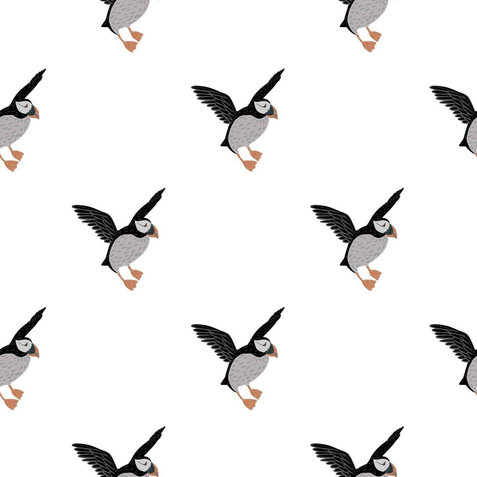 patrón de dibujos animados aislado y sin costuras en estilo infantil con adornos de pájaros frailecillos de color gris y negro. vector