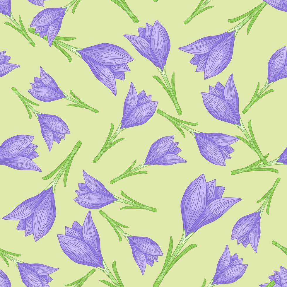 Spring botanic seamless pattern with random blue crocus flower. Light green background. vector