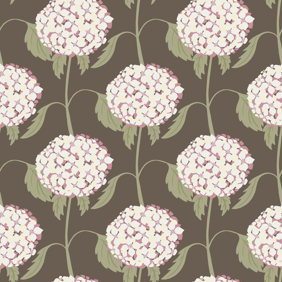 Abstract nature seamless pattern with white hydrangea flowers ornament. Brown pastel background. vector