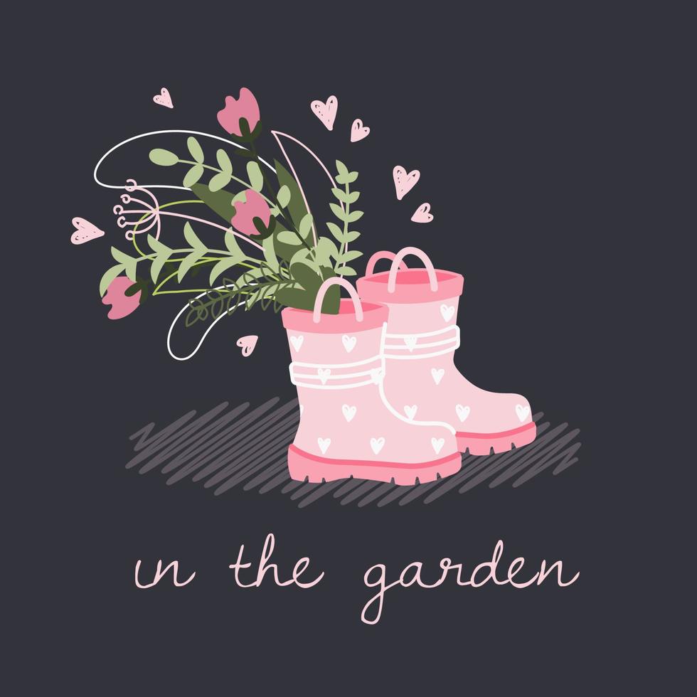 Cute spring card with a bouquet of flowers and rubber boots. Gardening concept. Hand draw illustration in cartoon style with lettering - in the garden. Vector