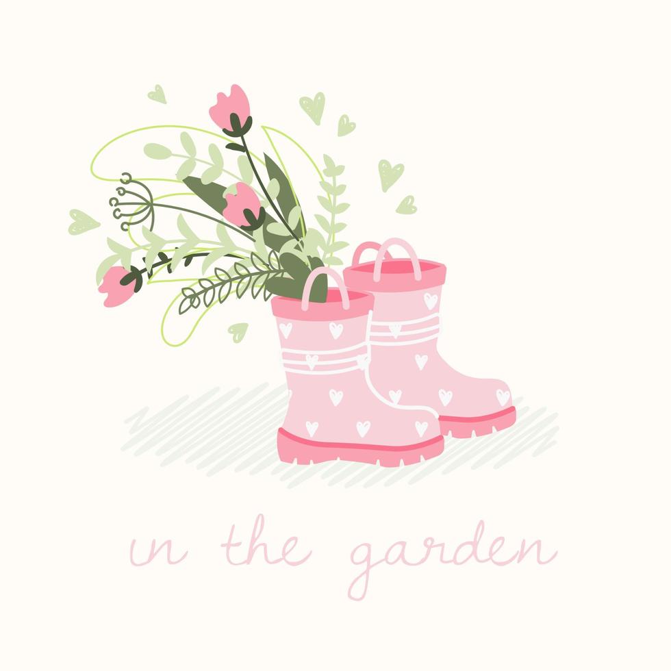 Cute spring card with a bouquet of flowers and rubber boots. Gardening concept. Hand draw illustration in cartoon style with lettering - in the garden. Vector