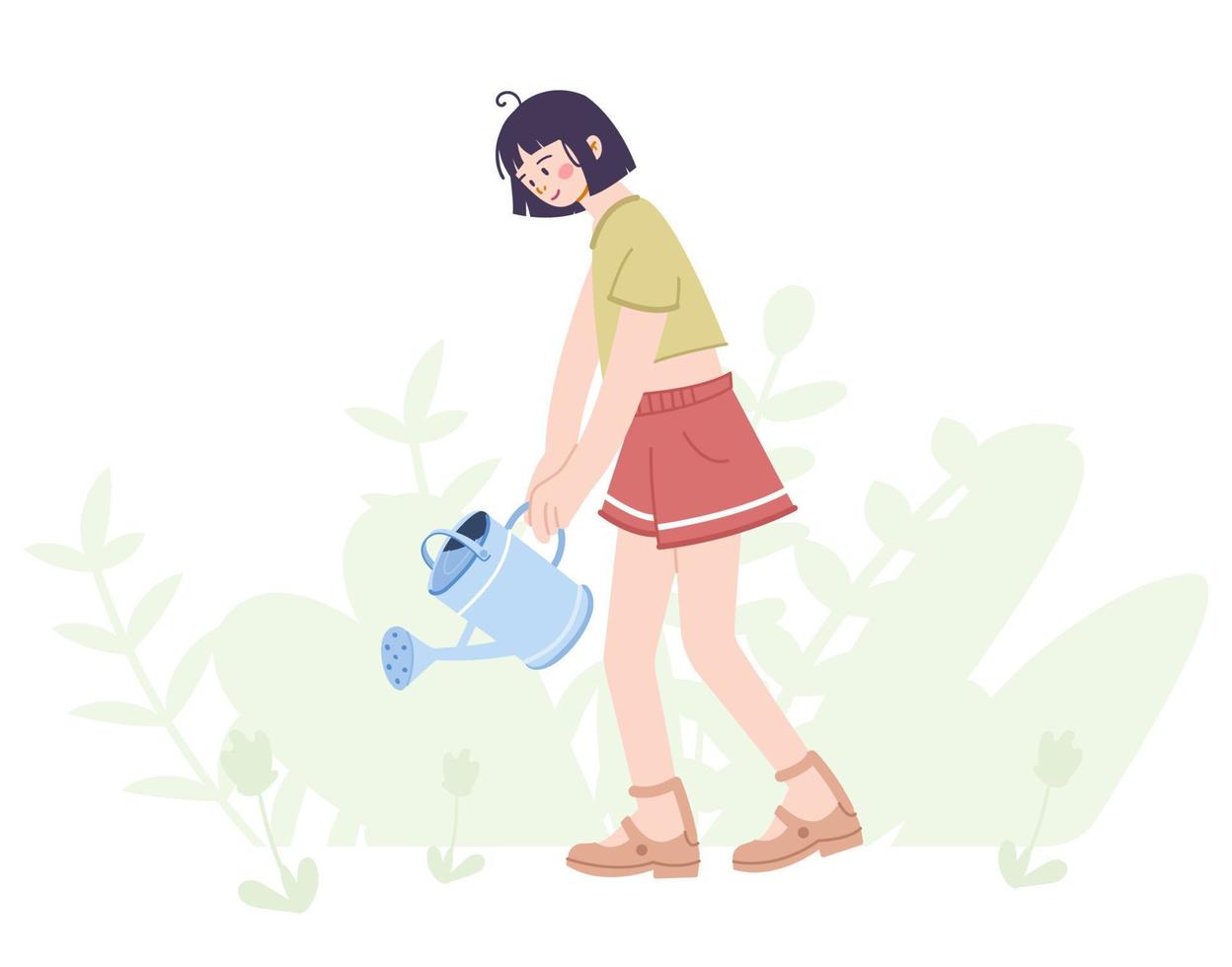 Girl watering plants with a watering can. A young woman works in a vegetable garden or a farm. Hand draw illustration in cartoon style. Gardening concept. Vector