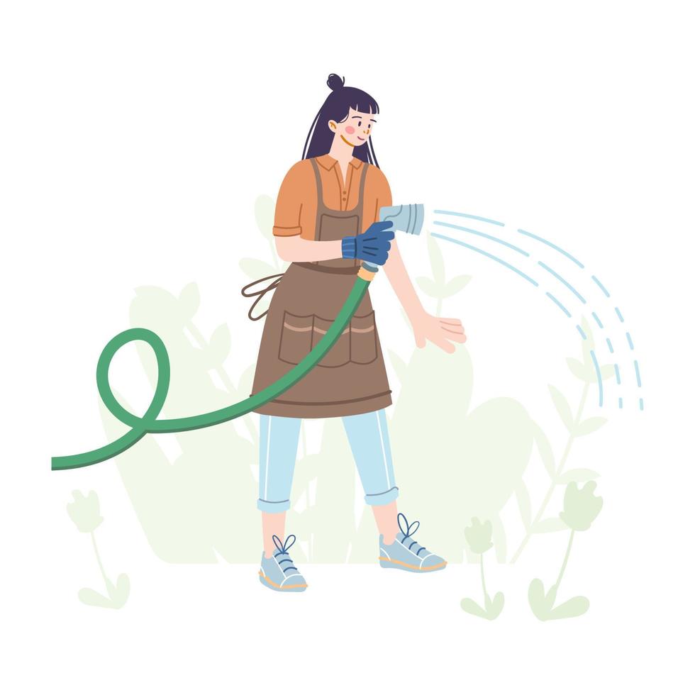 The girl waters the plants with a hose. A young woman works in a vegetable garden or a farm. Hand draw illustration in cartoon style. Gardening concept. Vector