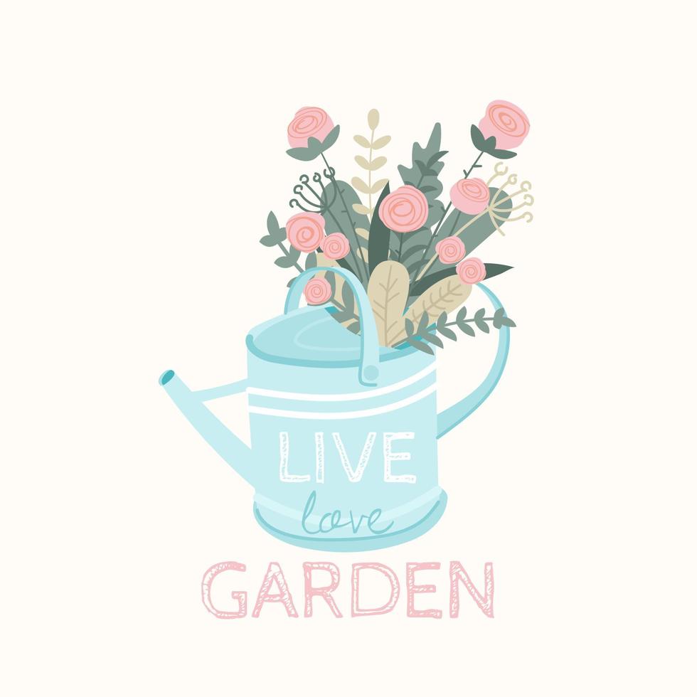 Cute spring card with a watering can and a bouquet of flowers. Gardening concept. Hand draw illustration in cartoon style with inspiring lettering - live love garden. Vector