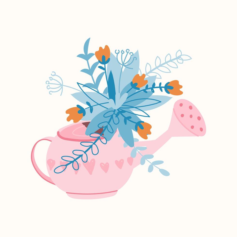 Cute spring card with a watering can and a bouquet of flowers. Gardening concept. Hand draw illustration in cartoon style. Vector