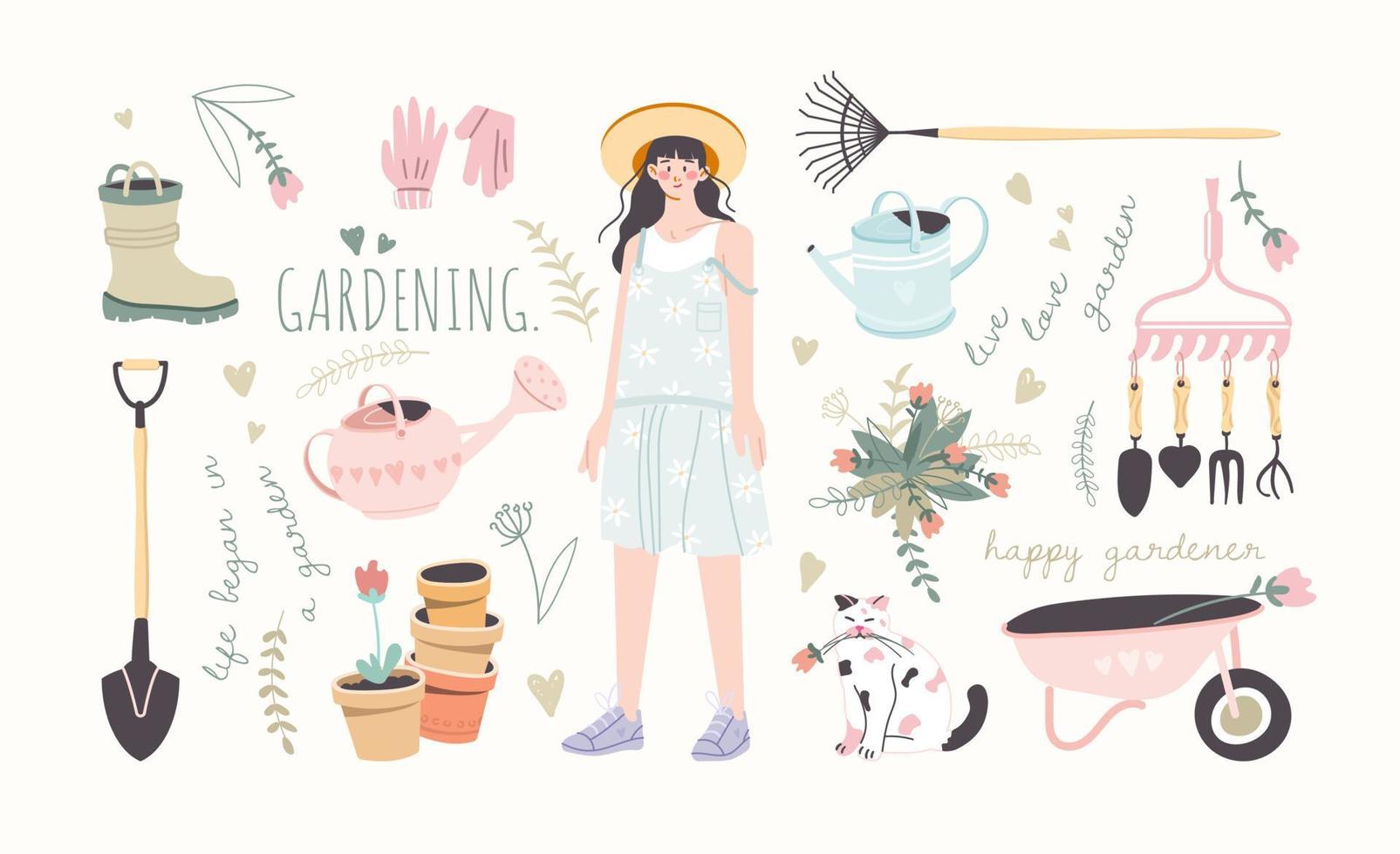 Cute garden set. Illustrations of garden tools for growing and caring for plants. Collection of cute graphic elements and gardener girl. Vector in cartoon style