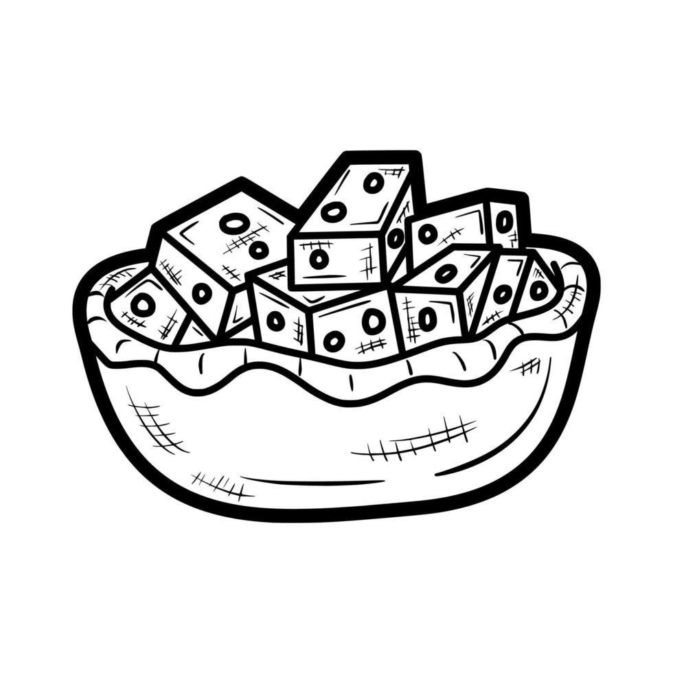 un tazón de mini cubo queso contorno dibujado a mano doodle ilustración vector logo icono