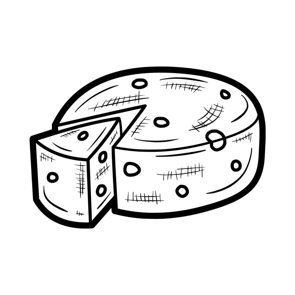 whole cheese with triangular slice outline hand drawn doodle illustration vector logo icon