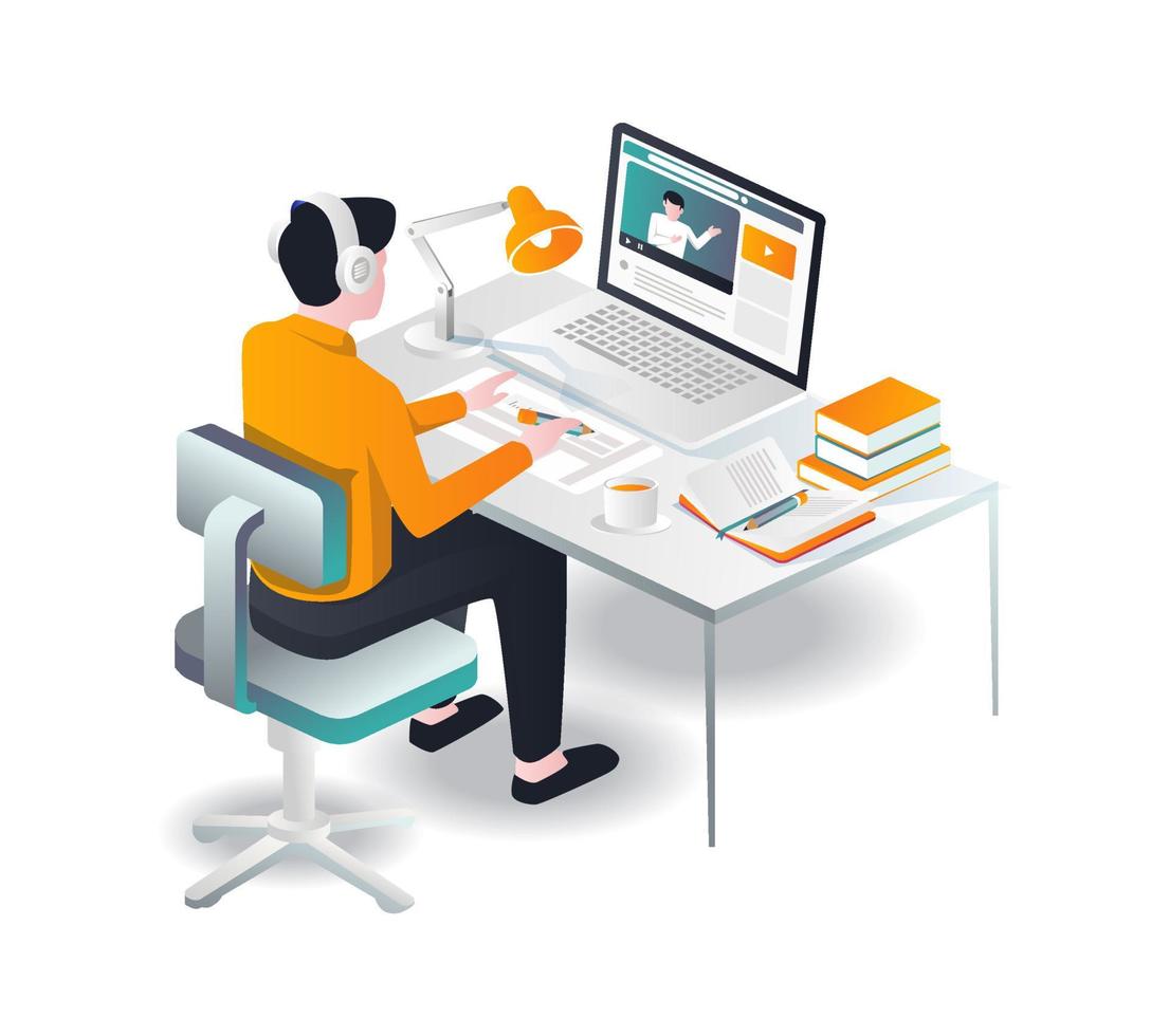 Man making work concept in front of computer with tutorial vector