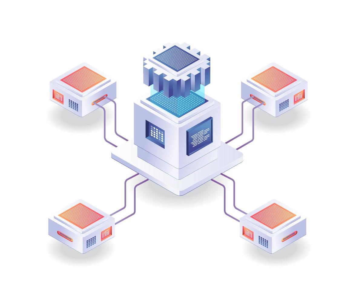 Server chip network in isometric illustration vector