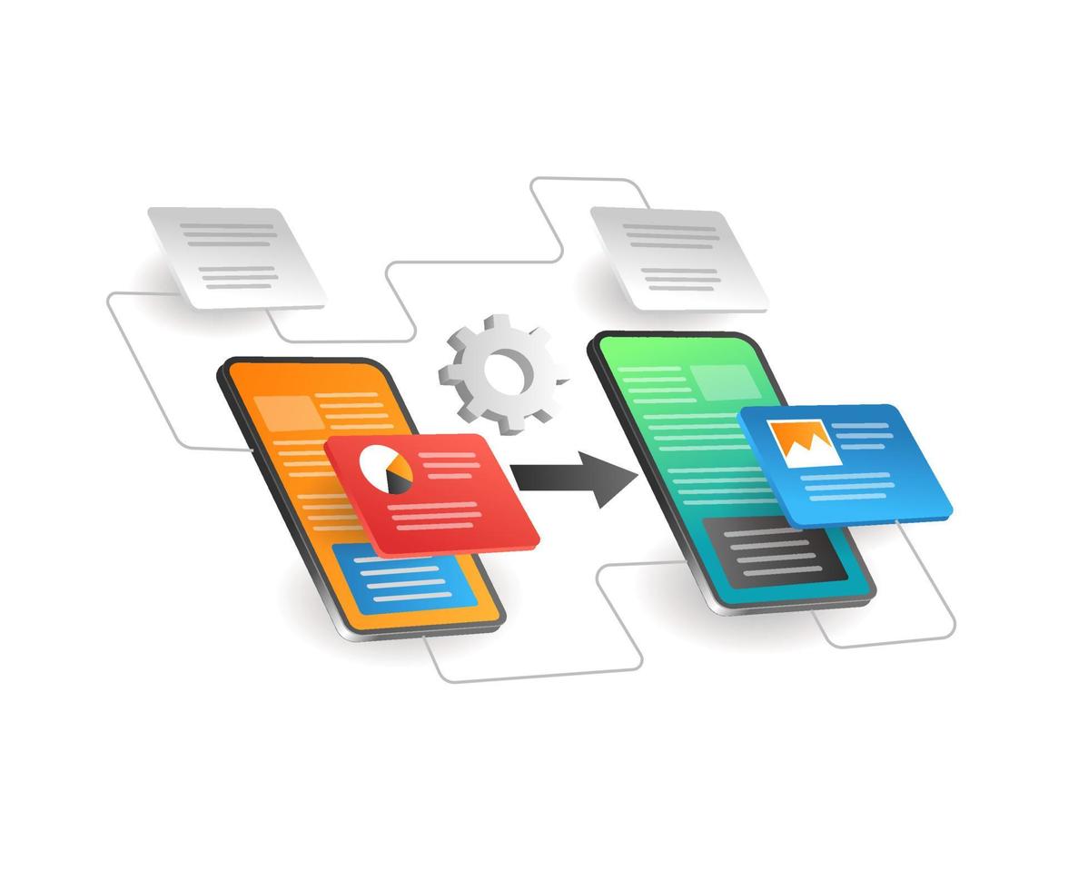 Isometric illustration concept. The process of transferring application data between smartphones vector