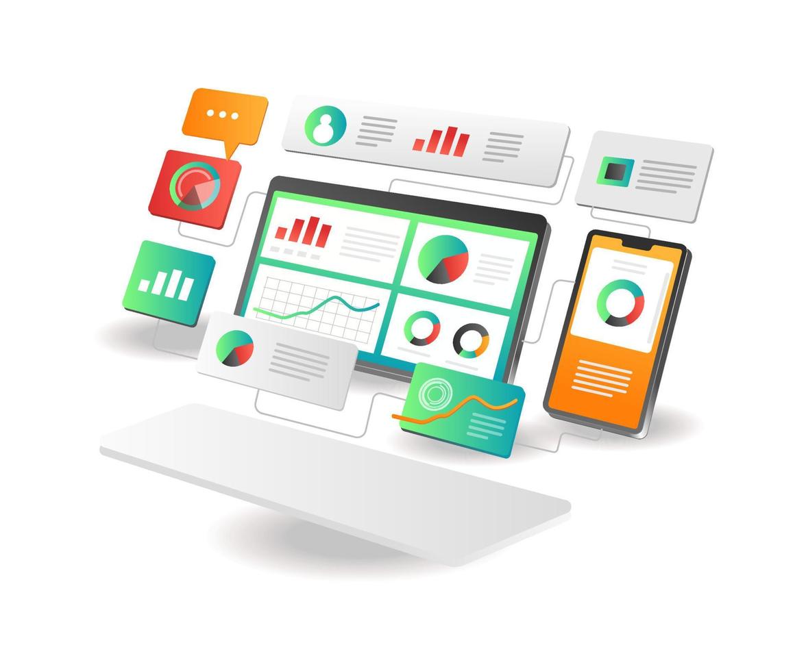 Isometric illustration concept. Smartphone computer analysis data network vector