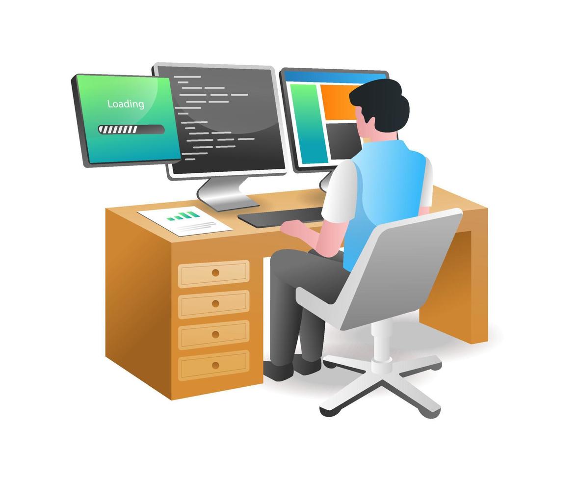 Isometric illustration concept. man typing programming language for web application vector