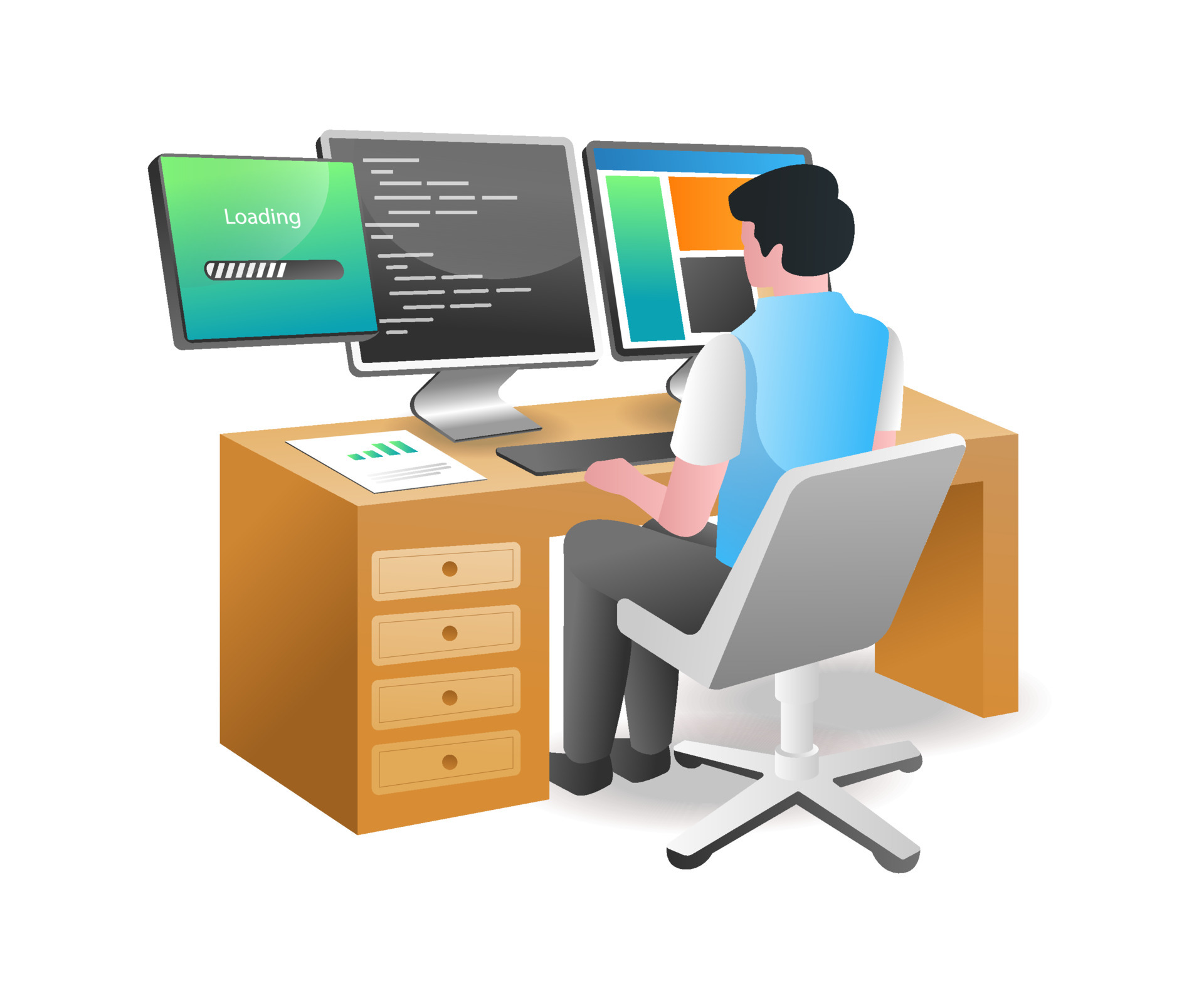 Isometric illustration concept. man typing programming language for web ...