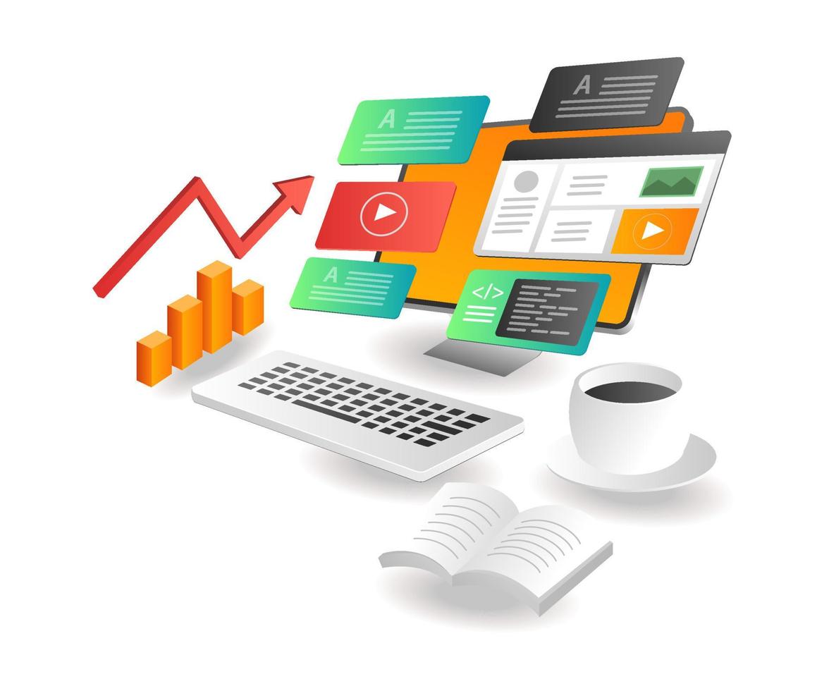 Isometric illustration concept. Computer data seo business optimization vector