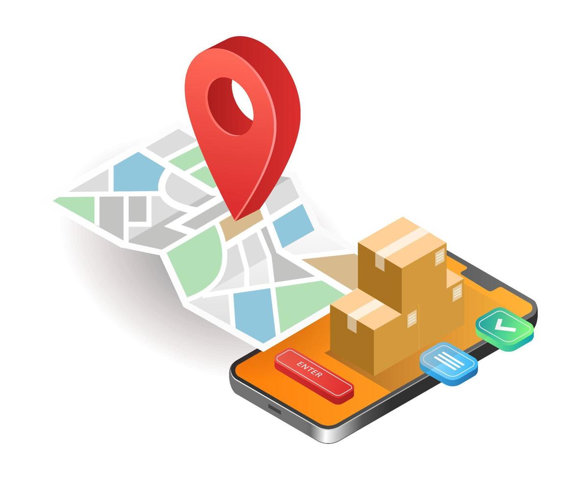 Isometric illustration concept. smartphone map application to deliver goods vector