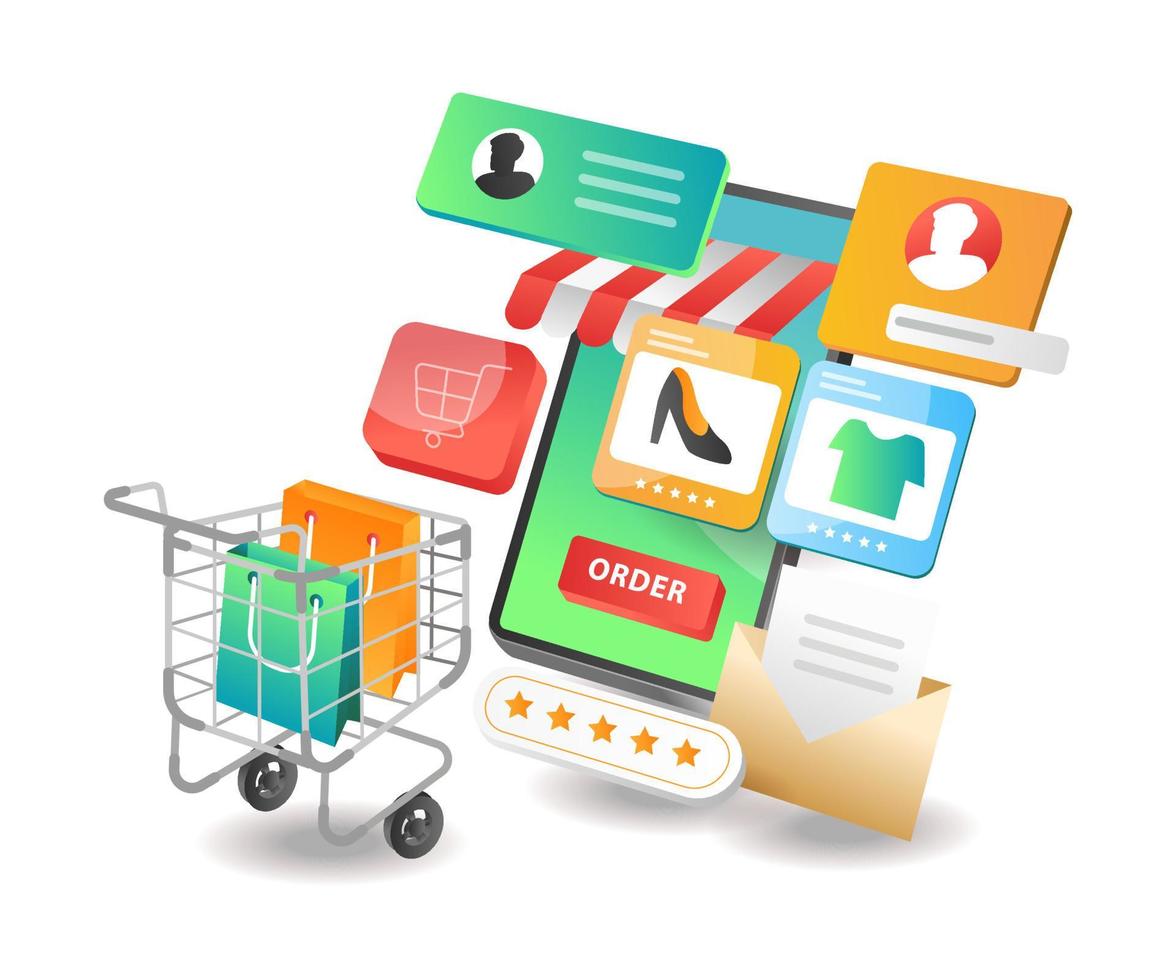 Isometric illustration concept. Online shopping e-commerce smartphone app vector
