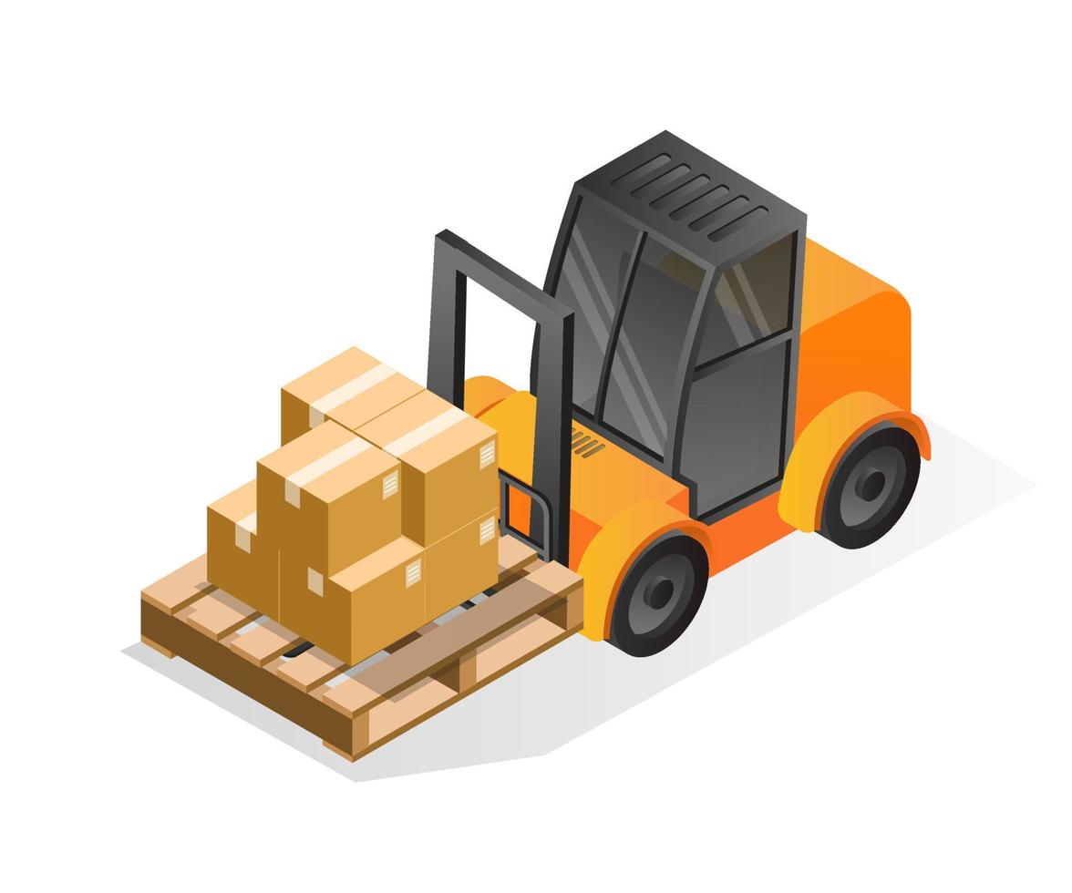 Isometric illustration concept. Lifting goods on pallets with forklift vector