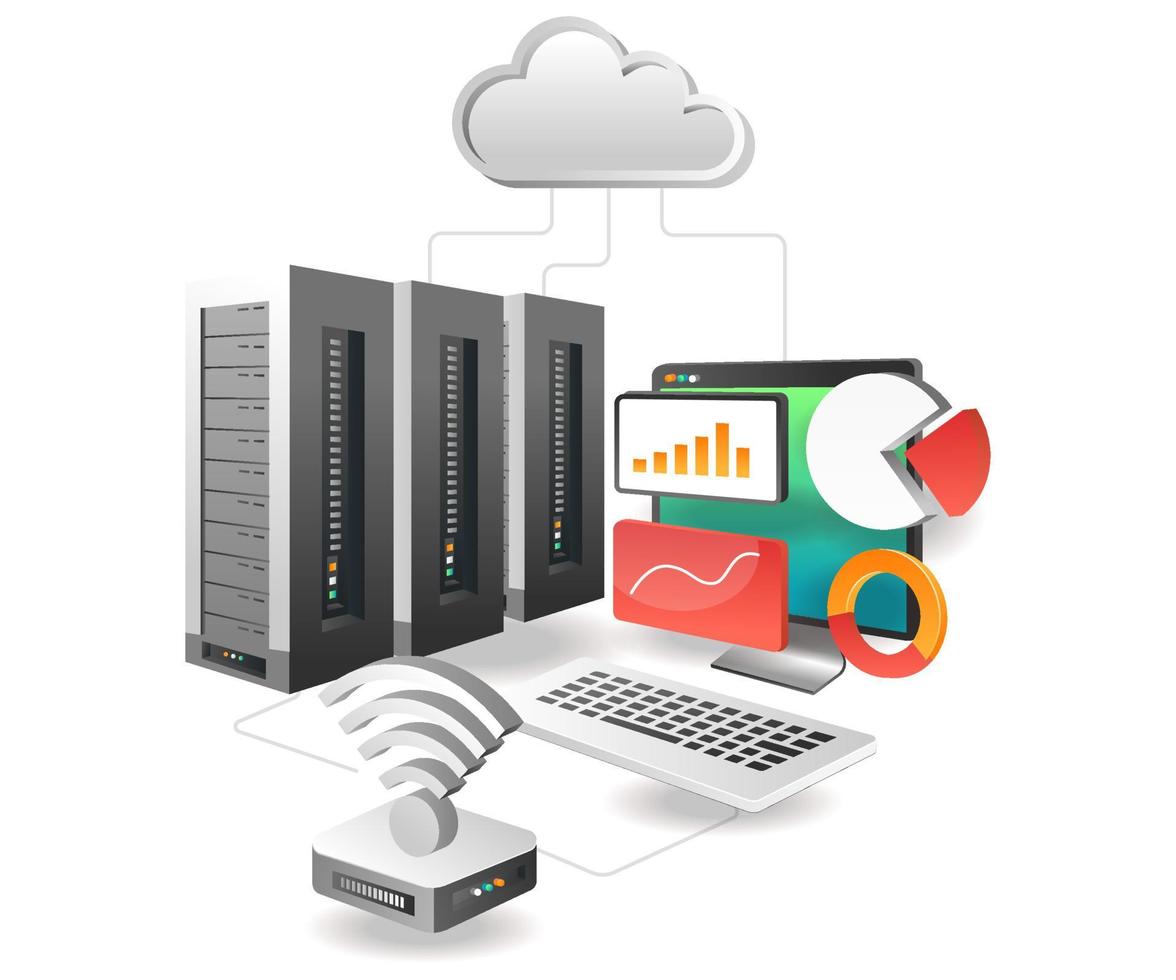Isometric illustration concept. Cloud server analysis network vector