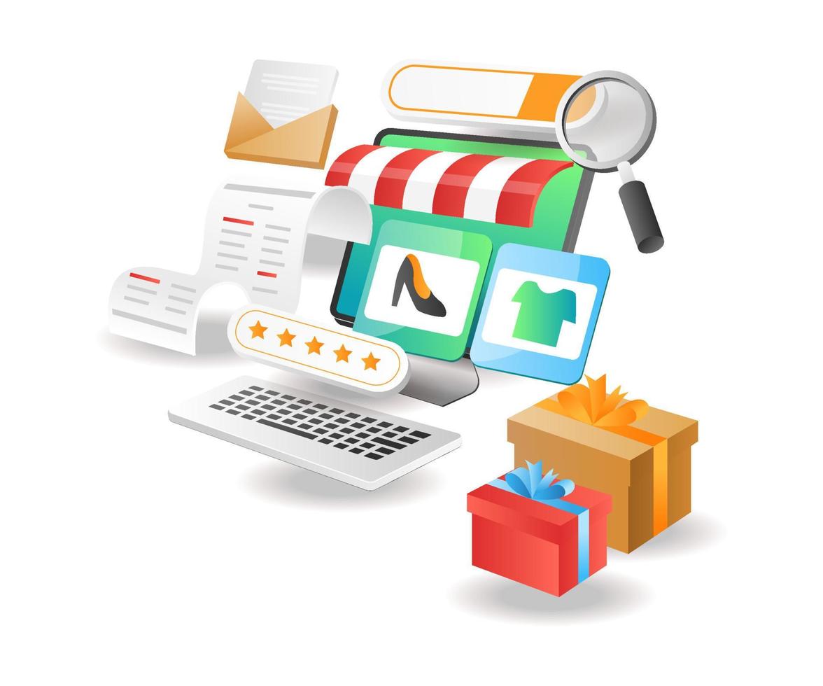 Illustration isometric concept. Looking to choose goods in an online store vector