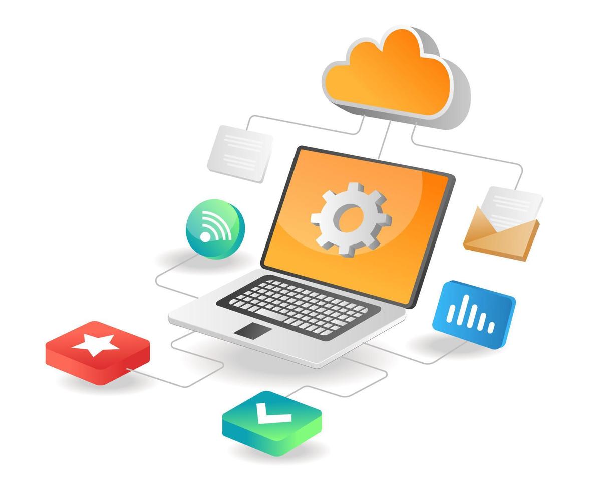 Illustration isometric concept. Cloud server data network working process vector