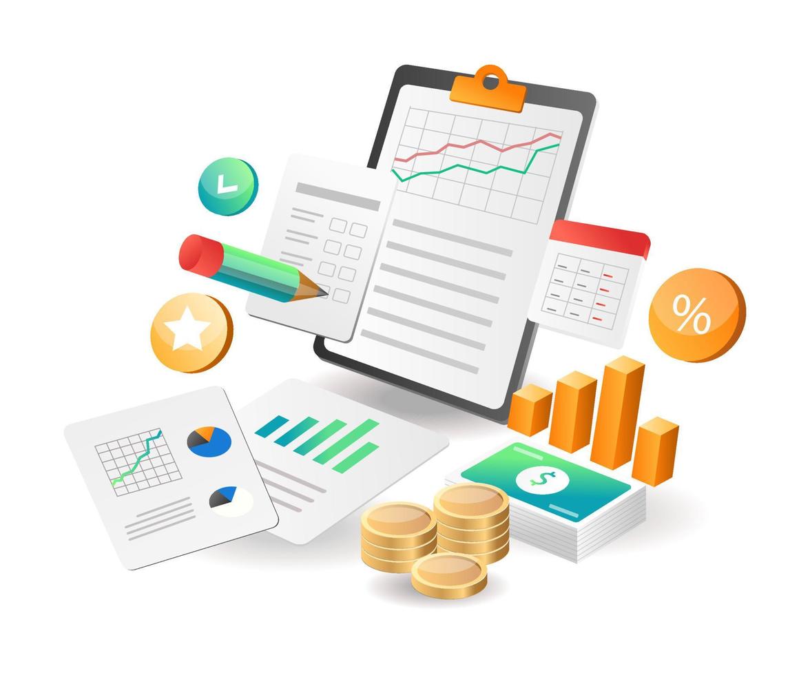 ilustración concepto isométrico. datos de analista de crecimiento de empresa de inversión empresarial vector