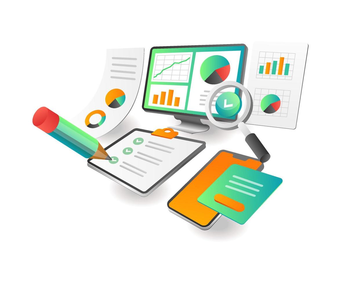 Illustration isometric concept. creative accounting investment business analysis vector