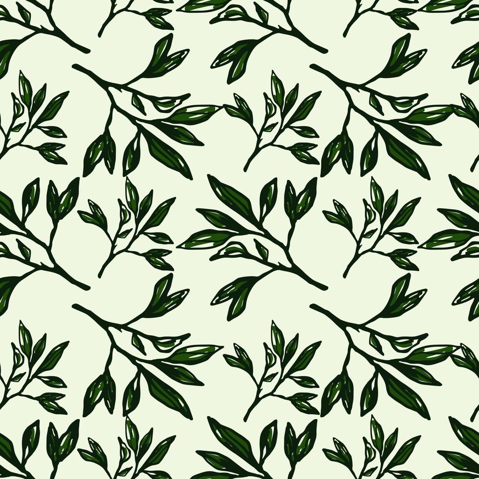 Green outline branch figures seamless pattern. Light pastel background. Simple floral backdrop. vector