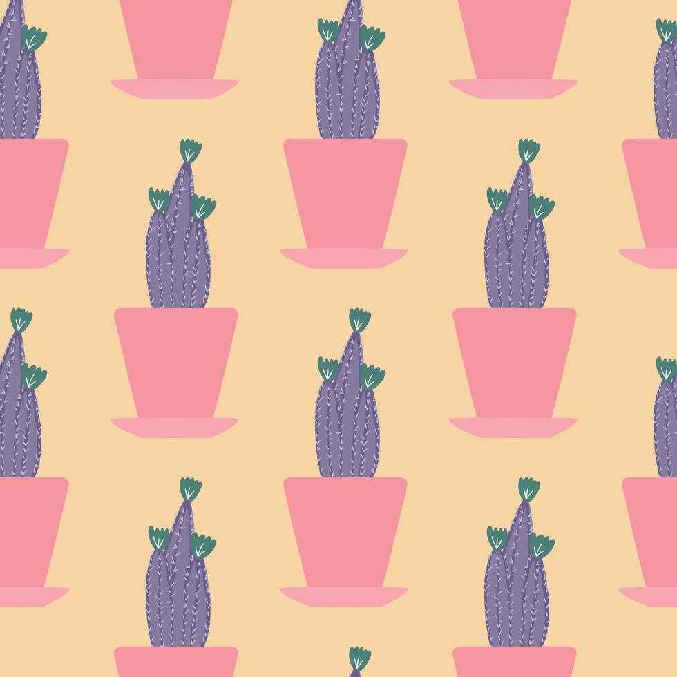 Cute cactus in pot seamless pattern on yellow background. vector