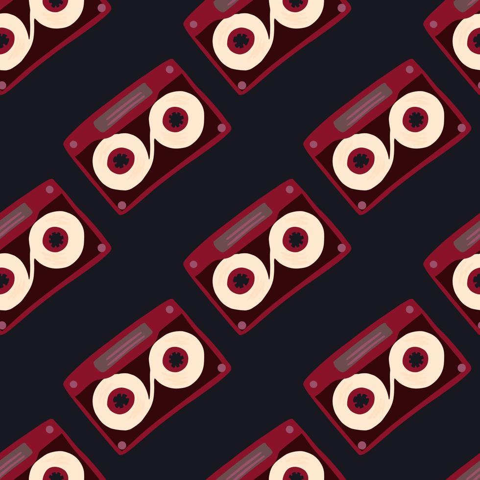 Cassette doodle seamless pattern. Simple diagonal music print with maroon ornament and black background. vector
