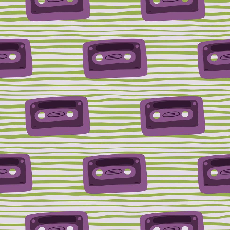 Purple cassette doodle seamless pattern. Disco print on green stripped background. Hipster print. vector