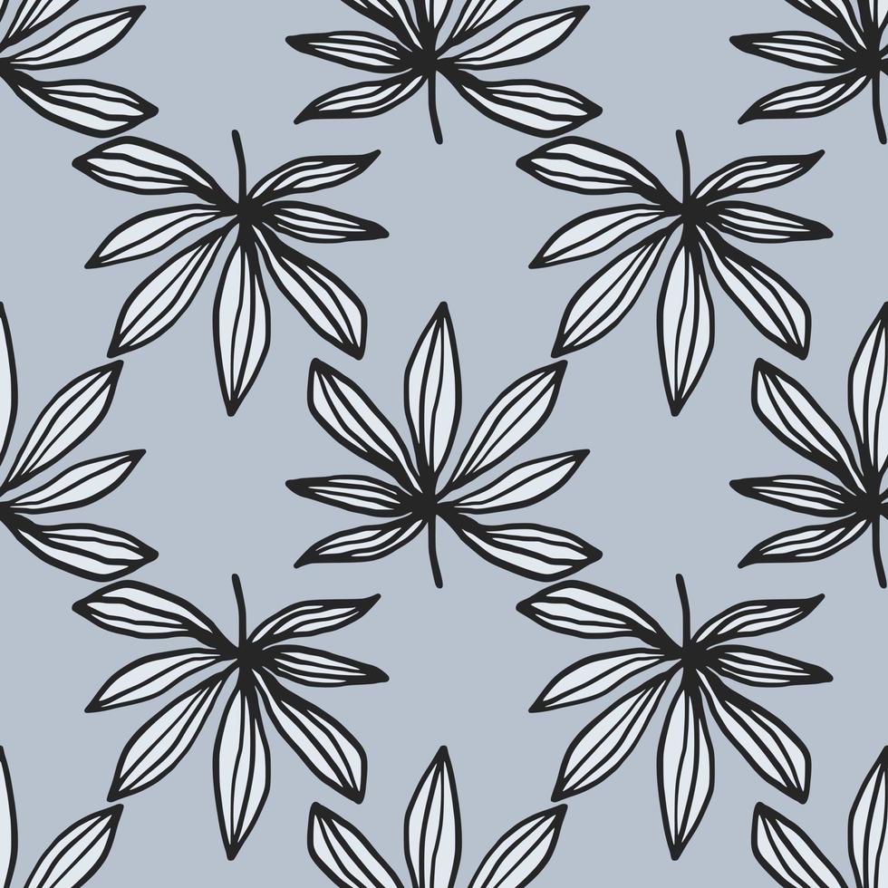 Seamless pattern with hand drawn contoured cannabis leaves. White and navy tones drug elements on blue background. vector