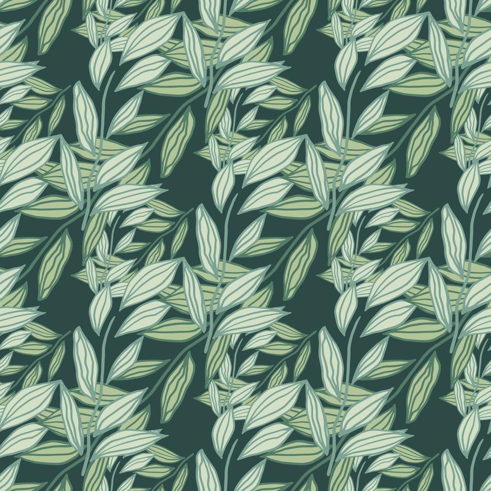 Green tones seamless doodle pattern with outline leaves ornament. Stylized botanic print. vector