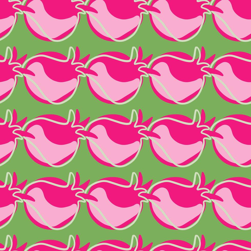Doodle pink contoured pomegranate elements print. Green background. Food fruit ornament. Sketch print. vector
