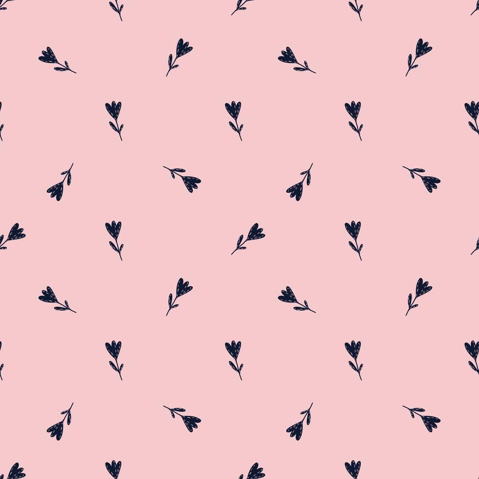 Little seamless pattern with navy blue flower silhouettes. Pink background. Nature abstract backdrop. vector