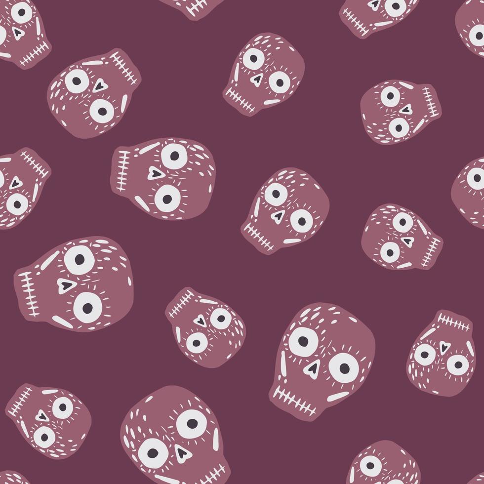 Seamless random pattern with halloween scary skull print. Purple colored mexican holiday print. vector