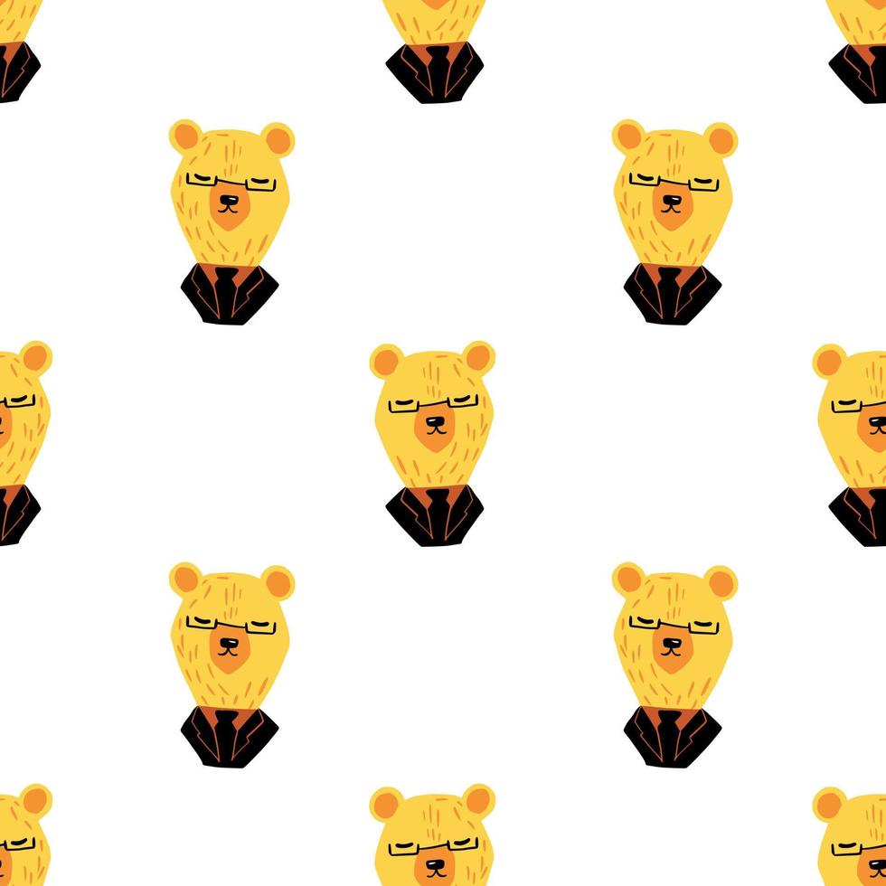 patrón inconsútil aislado con estampado de oso de negocios amarillo divertido de dibujos animados. Fondo blanco. vector