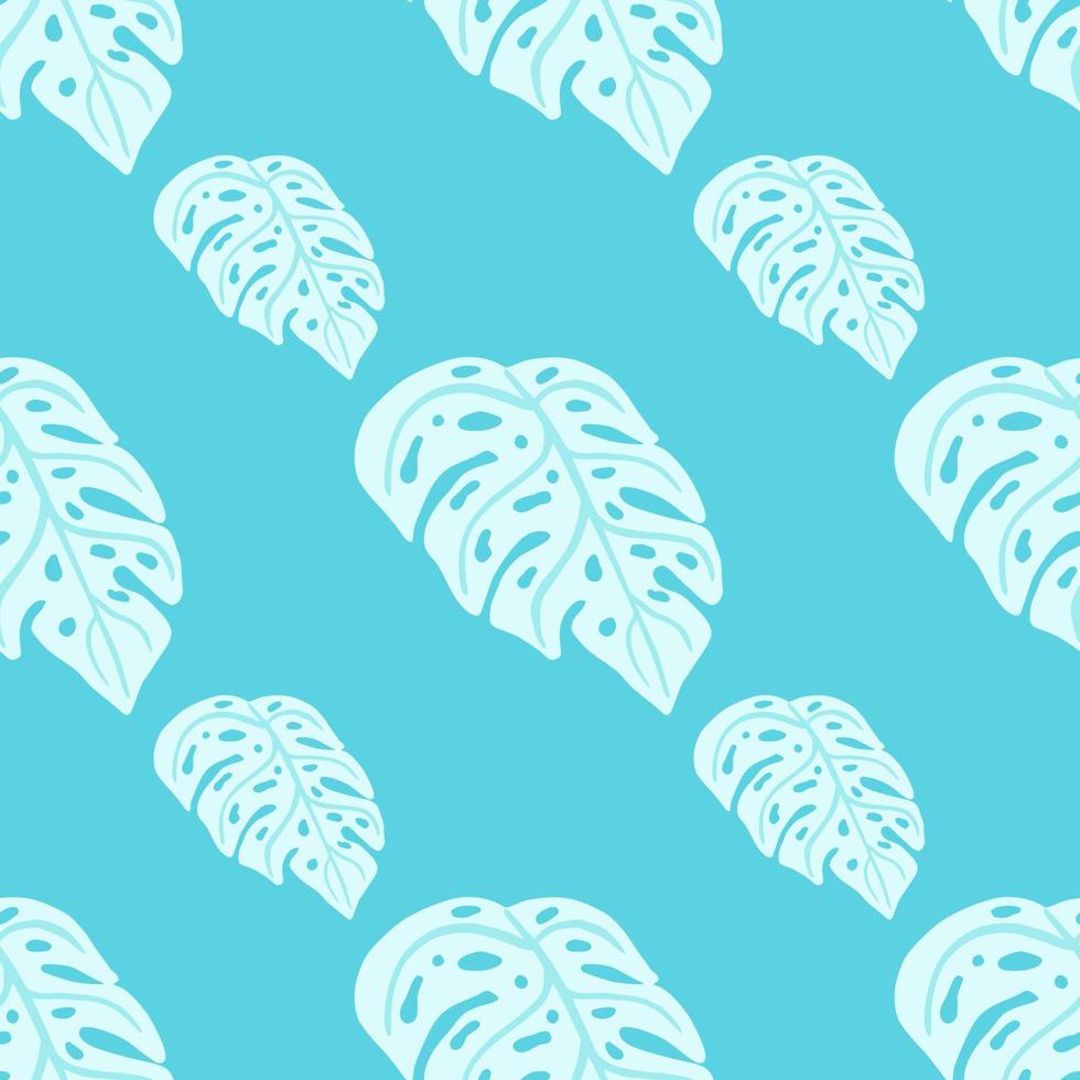 Abstract bright seamless pattern with simple light monstera shapes. Blue bright background. Tropic backdrop. vector