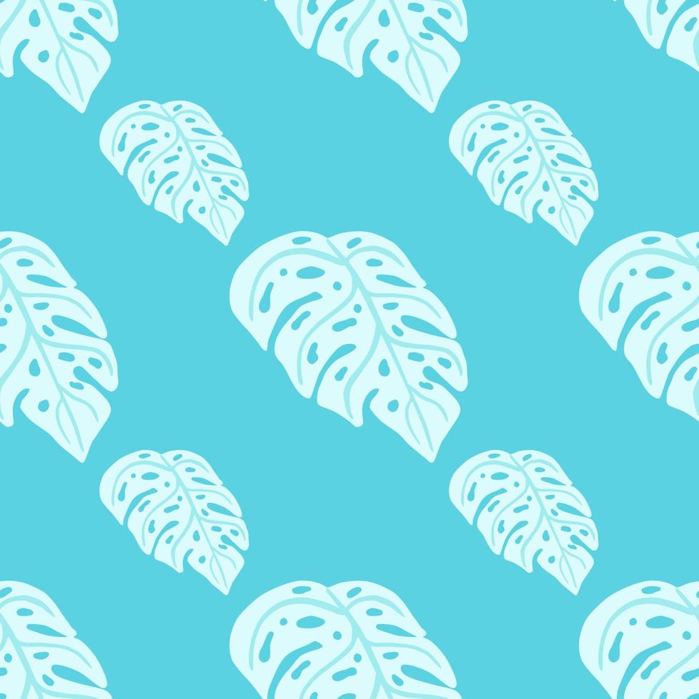 Abstract bright seamless pattern with simple light monstera shapes. Blue bright background. Tropic backdrop. vector