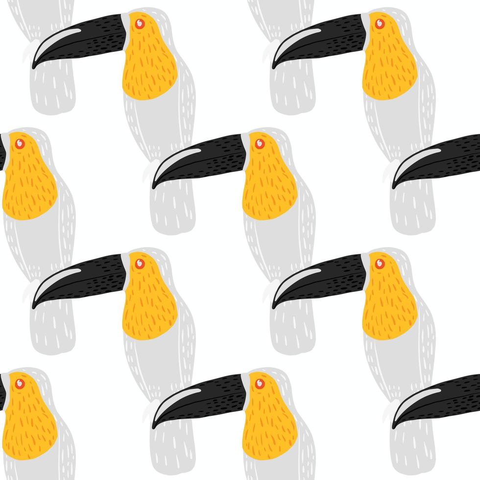 Isolated abstract seamless pattern with yellow, black and grey colored toucan bird shapes. White background. vector