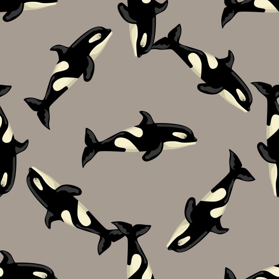 Seamless pattern Orca on brown background. Template of cartoon character of ocean for children. vector